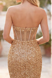 Sparkly Golden Bodycon Sweetheart Sheer Corset Sequins Homecoming Dress