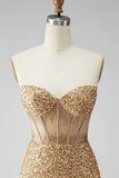 Sparkly Golden Bodycon Sweetheart Sheer Corset Sequins Homecoming Dress