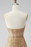 Sparkly Golden Bodycon Sweetheart Sheer Corset Sequins Homecoming Dress
