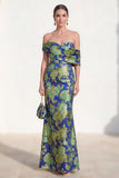 Off the Shoulder Navy Green Mermaid Jacquard Floral Long Mother Of the Bride Dress