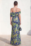 Off the Shoulder Navy Green Mermaid Jacquard Floral Long Mother Of the Bride Dress