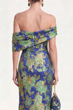 Off the Shoulder Navy Green Mermaid Jacquard Floral Long Mother Of the Bride Dress