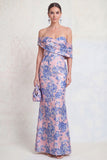 Off the Shoulder Navy Green Mermaid Jacquard Floral Long Mother Of the Bride Dress