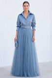 A-Line Grey Blue Tulle Long Mother Of the Bride Dress with Belt