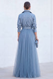 A-Line Grey Blue Tulle Long Mother Of the Bride Dress with Belt