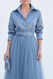 A-Line Grey Blue Tulle Long Mother Of the Bride Dress with Belt