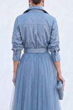 A-Line Grey Blue Tulle Long Mother Of the Bride Dress with Belt