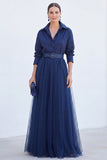 A-Line Grey Blue Tulle Long Mother Of the Bride Dress with Belt