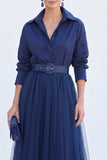 A-Line Grey Blue Tulle Long Mother Of the Bride Dress with Belt