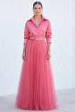 A-Line Grey Blue Tulle Long Mother Of the Bride Dress with Belt