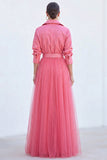 A-Line Grey Blue Tulle Long Mother Of the Bride Dress with Belt