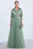 A-Line Grey Blue Tulle Long Mother Of the Bride Dress with Belt