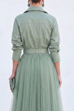 A-Line Grey Blue Tulle Long Mother Of the Bride Dress with Belt