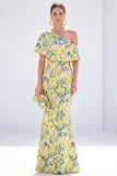 Yellow Mermaid One Shoulder Floral Long Mother Of the Bride Dress