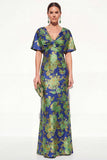 Pink Blue Mermaid V-Neck Jacquard Floral Long Mother Of the Bride Dress