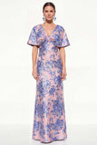 Pink Blue Mermaid V-Neck Jacquard Floral Long Mother Of the Bride Dress