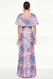 Pink Blue Mermaid V-Neck Jacquard Floral Long Mother Of the Bride Dress