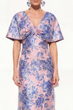Pink Blue Mermaid V-Neck Jacquard Floral Long Mother Of the Bride Dress