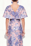 Pink Blue Mermaid V-Neck Jacquard Floral Long Mother Of the Bride Dress