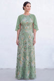 Green A-Line Beaded Round Neck Long Mother Of the Bride Dress with Cape