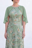 Green A-Line Beaded Round Neck Long Mother Of the Bride Dress with Cape