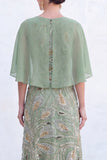 Green A-Line Beaded Round Neck Long Mother Of the Bride Dress with Cape