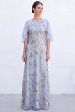 Green A-Line Beaded Round Neck Long Mother Of the Bride Dress with Cape