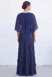 Green A-Line Beaded Round Neck Long Mother Of the Bride Dress with Cape