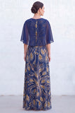 Green A-Line Beaded Round Neck Long Mother Of the Bride Dress with Cape