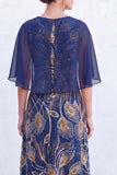Green A-Line Beaded Round Neck Long Mother Of the Bride Dress with Cape