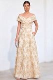 Golden A-Line Off the Shoulder Jacquard Floral Long Mother Of the Bride Dress