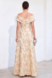 Golden A-Line Off the Shoulder Jacquard Floral Long Mother Of the Bride Dress
