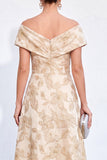 Golden A-Line Off the Shoulder Jacquard Floral Long Mother Of the Bride Dress
