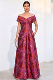 Golden A-Line Off the Shoulder Jacquard Floral Long Mother Of the Bride Dress