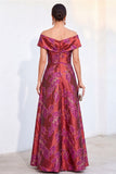 Golden A-Line Off the Shoulder Jacquard Floral Long Mother Of the Bride Dress