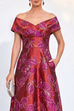 Golden A-Line Off the Shoulder Jacquard Floral Long Mother Of the Bride Dress