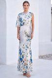 Blue Flower Mermaid Chiffon Bateau Neck Long Mother Of the Bride Dress