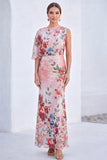 Blue Flower Mermaid Chiffon Bateau Neck Long Mother Of the Bride Dress