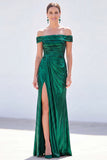 Dark Green Mermaid Off the Shoulder Ruched Metallic Long Mother Of the Bride Dress with Slit