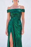 Dark Green Mermaid Off the Shoulder Ruched Metallic Long Mother Of the Bride Dress with Slit