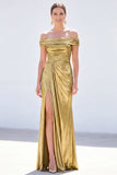 Dark Green Mermaid Off the Shoulder Ruched Metallic Long Mother Of the Bride Dress with Slit