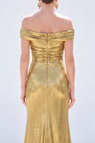 Dark Green Mermaid Off the Shoulder Ruched Metallic Long Mother Of the Bride Dress with Slit