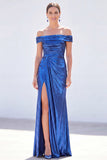 Dark Green Mermaid Off the Shoulder Ruched Metallic Long Mother Of the Bride Dress with Slit