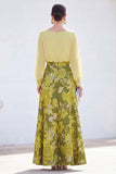 Green A-Line Bateau Neck 2 Piece Jacquard Floral Long Mother Of the Bride Dress