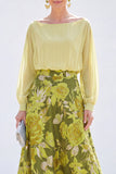 Green A-Line Bateau Neck 2 Piece Jacquard Floral Long Mother Of the Bride Dress