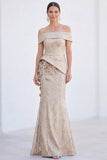 Green Off the Shoulder Mermaid Floral Ruched Long Mother Of the Bride Dress