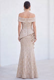 Green Off the Shoulder Mermaid Floral Ruched Long Mother Of the Bride Dress