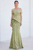 Green Off the Shoulder Mermaid Floral Ruched Long Mother Of the Bride Dress