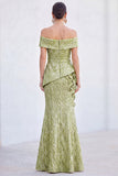 Green Off the Shoulder Mermaid Floral Ruched Long Mother Of the Bride Dress