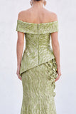 Green Off the Shoulder Mermaid Floral Ruched Long Mother Of the Bride Dress